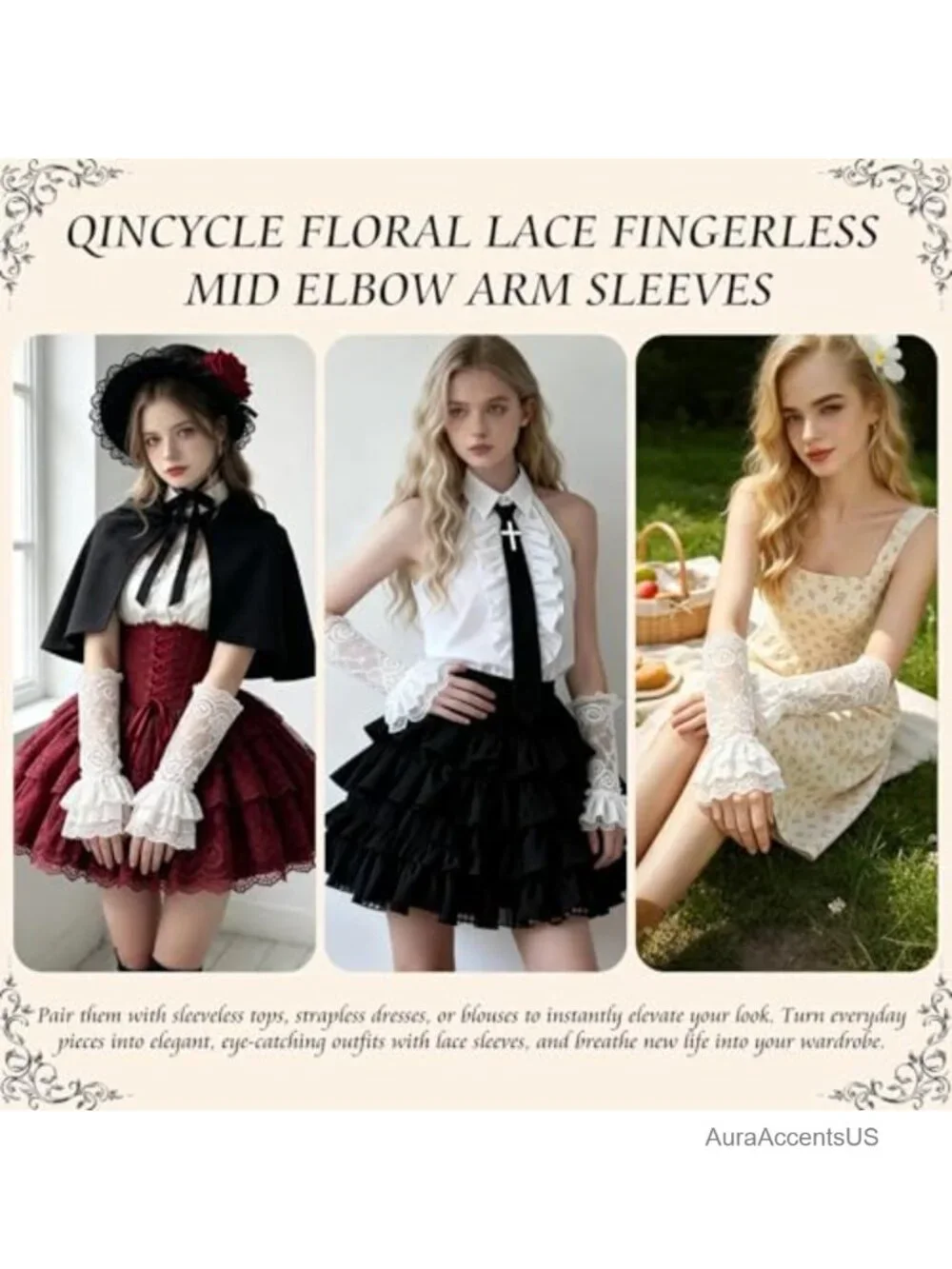Fingerless Lace Gloves - Floral Arm Sleeves for Women Wedding Opera Tea Party